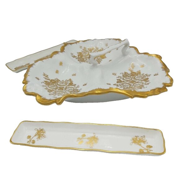 Limoges France Hand Painted Candy or Nut Serving Dish With 2 Mint Trays Vintage - Picture 2 of 16